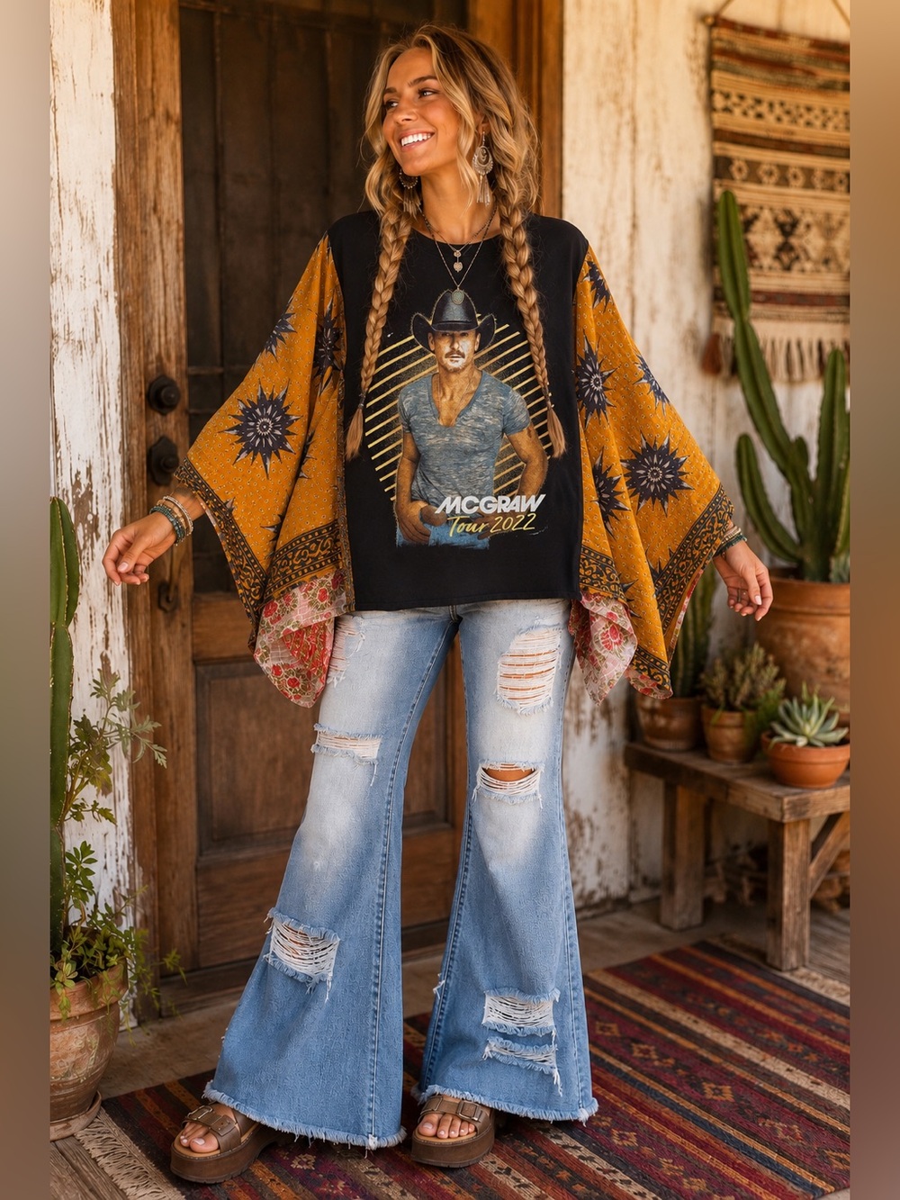 TIM McGRAW Artisan Made Upcycle BAND T PONCHO SIZE INCLUSIVE Granny D Original